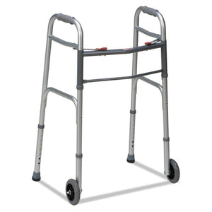 ESBGH80210450600 - Two-Button Release Folding Walker With Wheels, Silver-gray, Aluminum, 32-38"h