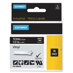 ESDYM1805435 - Rhino Permanent Vinyl Industrial Label Tape, 1-2" X 18 Ft, Black-white Print