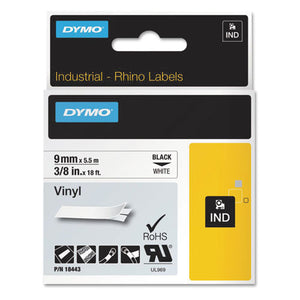ESDYM18443 - Rhino Permanent Vinyl Industrial Label Tape, 3-8" X 18 Ft, White-black Print