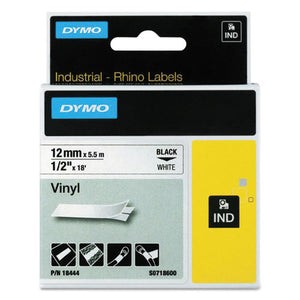 ESDYM18444 - Rhino Permanent Vinyl Industrial Label Tape, 1-2" X 18 Ft, White-black Print