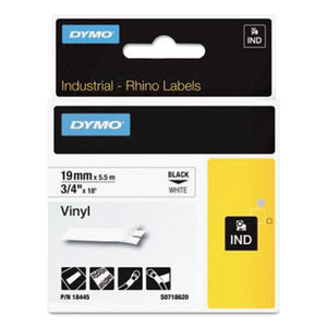 ESDYM18445 - Rhino Permanent Vinyl Industrial Label Tape, 3-4" X 18 Ft, White-black Print