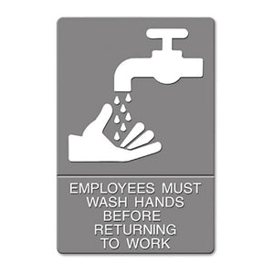 ESUSS4726 - Ada Sign, Employees Must Wash Hands... Tactile Symbol-braille, 6 X 9, Gray