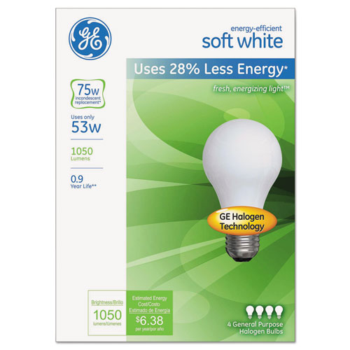 ESGEL66248 - ENERGY-EFFICIENT A19 HALOGEN BULB, SOFT WHITE 53 W, 4/PACK