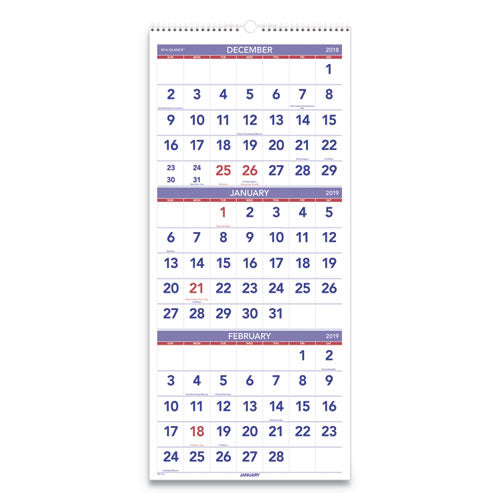ESAAGPM1128 - VERTICAL-FORMAT THREE-MONTH REFERENCE WALL CALENDAR, 12 X 27, 2019