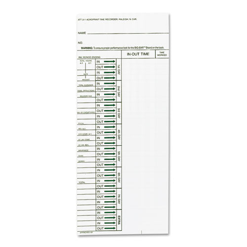 ESACP096103080 - Time Card For Model Att310 Electronic Totalizing Time Recorder, Weekly, 200-pack