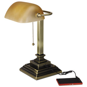 ESALELMP517AB - Traditional Banker's Lamp W-usb, 16"high, Amber Glass Shade W-antique Brass Base