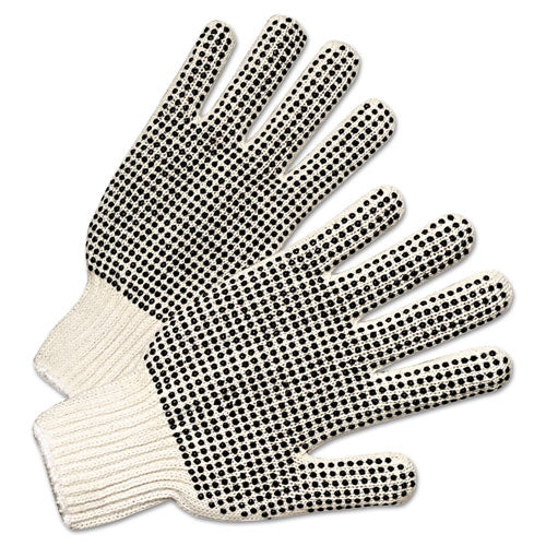 ESANR6705 - PVC-DOTTED STRING KNIT GLOVES, NATURAL WHITE-BLACK, LARGE, 12 PAIRS