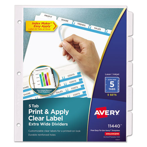 ESAVE11440 - PRINT AND APPLY INDEX MAKER CLEAR LABEL DIVIDERS, 5 WHITE TABS, LETTER, 5 SETS