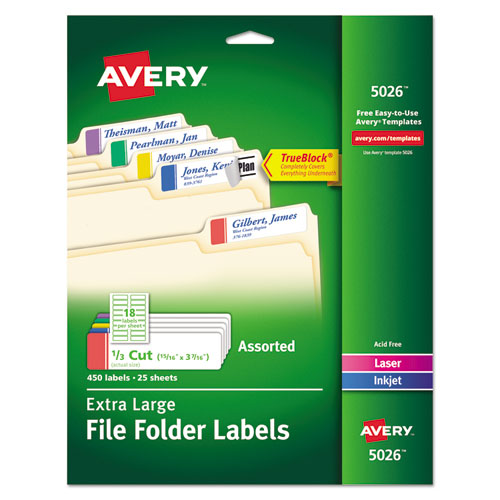 ESAVE5026 - X-Large 1-3-Cut File Folder Labels W-trueblock, 15-16 X 3 7-16, We-asst, 450-pk