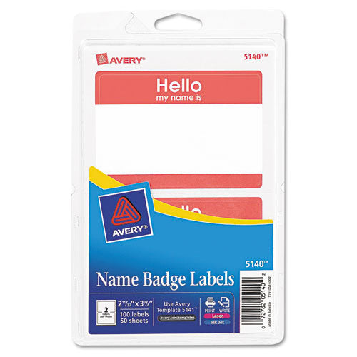 Printable Self-adhesive Name Badges, 2 1-3 X 3 3-8, Red "hello", 100-pack