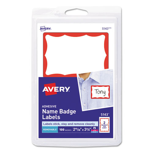 ESAVE5143 - PRINTABLE ADHESIVE NAME BADGES, 2 1-3 X 3 3-8, RED BORDER, 100-PACK