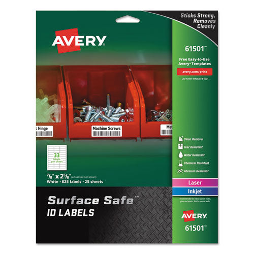 ESAVE61501 - SURFACE SAFE ID LABELS, INKJET-LASER, 7-8 X 2 5-8, WHITE, 33-SHEET, 25 SHEETS-PK