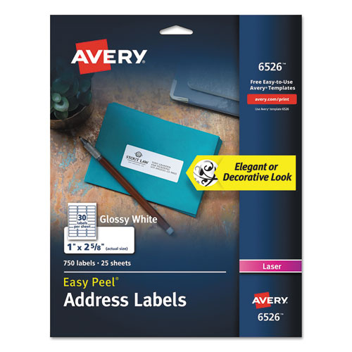 ESAVE6526 - GLOSSY WHITE EASY PEEL MAILING LABELS, LASER, 1 X 2 5-8, 30-SHEET, 25 SHEETS-PK