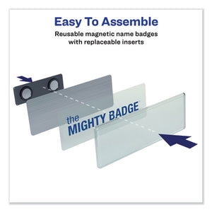 The Mighty Badge Name Badge Holder Kit, Horizontal, 3 X 1, Laser, Silver, 4 Holders-32 Inserts