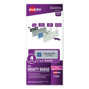 The Mighty Badge Name Badge Holder Kit, Horizontal, 3 X 1, Laser, Silver, 4 Holders-32 Inserts