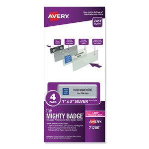 The Mighty Badge Name Badge Holder Kit, Horizontal, 3 X 1, Inkjet, Silver, 4 Holders-32 Inserts