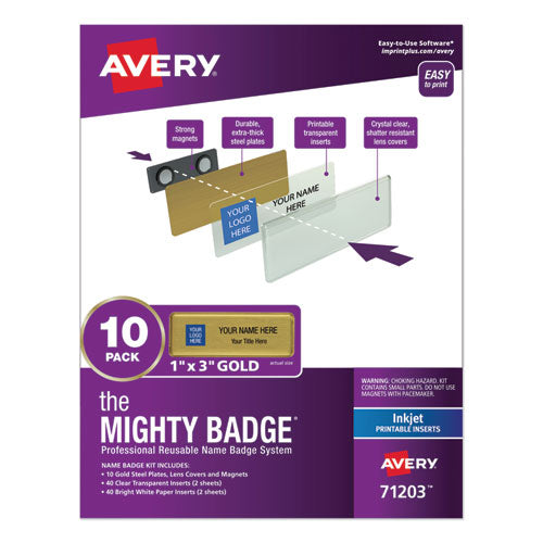 The Mighty Badge Name Badge Holder Kit, Horizontal, 3 X 1, Inkjet, Gold, 10 Holders- 80 Inserts