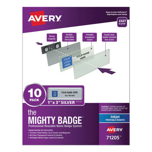 The Mighty Badge Name Badge Holder Kit, Horizontal, 3 X 1, Inkjet, Silver, 10 Holders- 80 Inserts