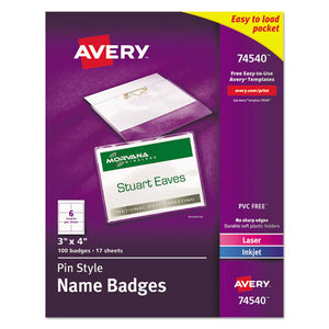 ESAVE74540 - PIN-STYLE NAME BADGE HOLDERS W-INSERTS, TOP LOAD, 3 X 4, WHITE, 100-BOX