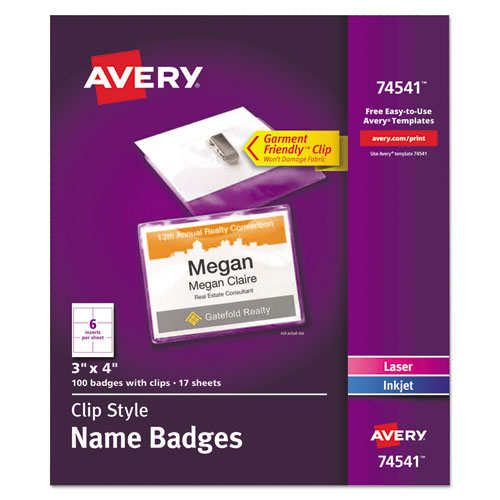 ESAVE74541 - CLIP-STYLE NAME BADGE HOLDERS W-INSERTS, TOP LOAD, 3 X 4, WHITE, 100-BOX