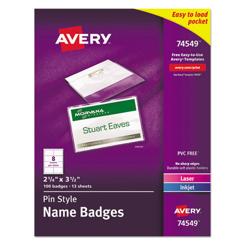 ESAVE74549 - PIN-STYLE NAME BADGE HOLDERS W-INSERTS, TOP LOAD, 2 1-4 X 3 1-2, WHITE, 100-BX