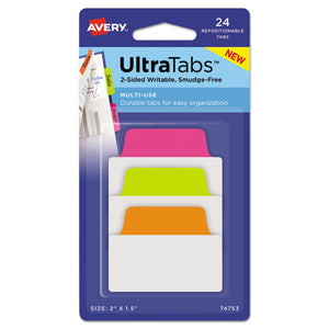 ESAVE74753 - ULTRA TABS REPOSITIONABLE TABS, 2 X 1.5, NEON: GREEN, ORANGE, PINK, 24-PK