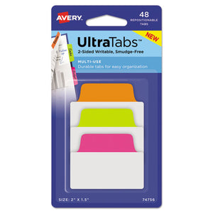 ESAVE74756 - ULTRA TABS REPOSITIONABLE TABS, 2 X 1.5, NEON: GREEN, ORANGE, PINK, 48-PK