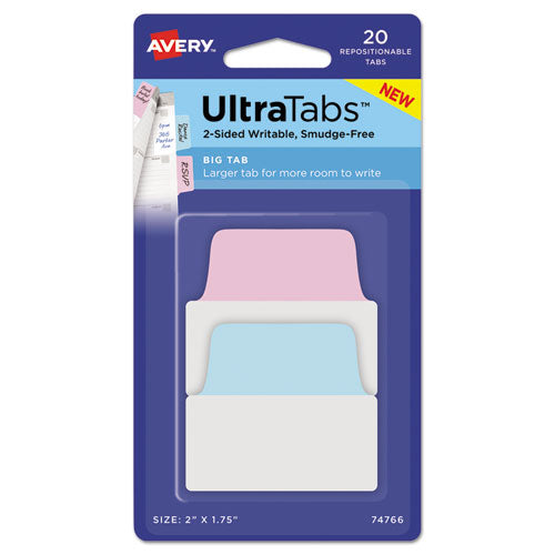 ESAVE74766 - ULTRA TABS REPOSITIONABLE TABS, 2 X 1.75, PASTEL: BLUE, PINK, 20-PK