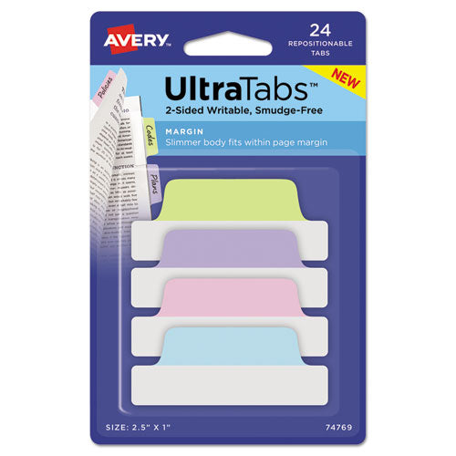 ESAVE74769 - Ultra Tabs Repositionable Tabs, 2.5 X 1, Pastel:blue, Pink, Purple, Green, 24-pk