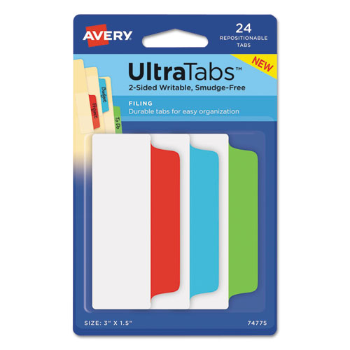 ESAVE74775 - ULTRA TABS REPOSITIONABLE TABS, 3 X 1.5, PRIMARY: BLUE, GREEN, RED, 24-PK