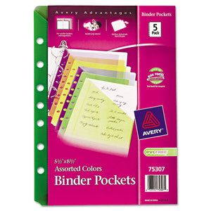 Small Binder Pockets, Standard, 7-hole Punched, Assorted, 5 1-2 X 9 1-4, 5-pack