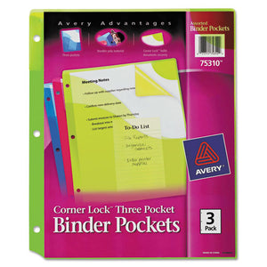 Corner Lock Three-pocket Binder Pocket, 11 1-4 X 9 1-4, Assorted Color, 3-pack