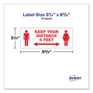 Preprinted Surface Safe Id Decals, 8.38 X 3.25, Keep Your Distance 6 Feet, White Face, Red Graphics, 15-pack