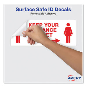 Preprinted Surface Safe Id Decals, 8.38 X 3.25, Keep Your Distance 6 Feet, White Face, Red Graphics, 15-pack