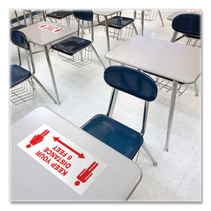 Preprinted Surface Safe Id Decals, 8.38 X 3.25, Keep Your Distance 6 Feet, White Face, Red Graphics, 15-pack