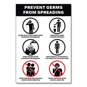 Preprinted Surface Safe Wall Decals, 7 X 10, Prevent Germs From Spreading, White-black Face, Black Graphics, 5-pack