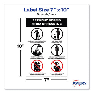 Preprinted Surface Safe Wall Decals, 7 X 10, Prevent Germs From Spreading, White-black Face, Black Graphics, 5-pack