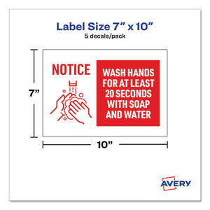 Preprinted Surface Safe Wall Decals, 10 X 7, Wash Hands For At Least 20 Seconds, White-red Face, Red Graphics, 5-pack