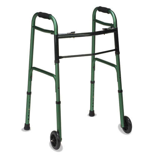 ESBGH80210451200 - 2-Button Release Folding Walker W-wheels, Green-green Ice, Aluminum, 32-38"h