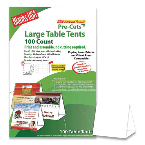 Table Tent, 80 Lb, 12 X 18, White, 2 Tents-sheet, 50 Sheets-pack