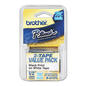 M Series Tape Cartridges For P-touch Labelers, 0.47" X 26.2 Ft, Black On White, 2-pack