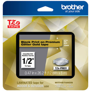 Tze Premium Laminated Tape, 0.47" X 26.2 Ft, Black On Gold