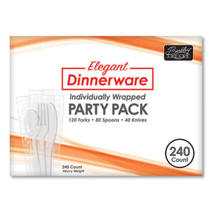 Elegant Dinnerware Heavyweight Cutlery Assortment, Individually Wrapped, 120 Forks-80 Spoons-40 Knives, White, 240-box