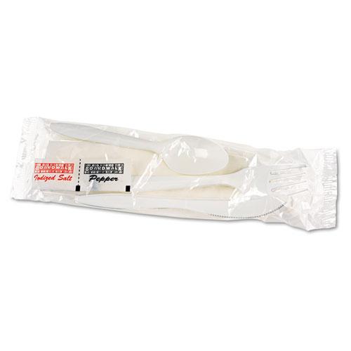 ESBWK6KITMW - Cutlery Kit, Plastic Fork-spoon-knife-salt-pepper-napkin, White, 250-carton
