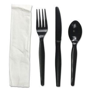ESBWKFKTNHWPSBLA - Four-Piece Cutlery Kit, Fork-knife-napkin-teaspoon, Heavyweight, Black, 250-ct