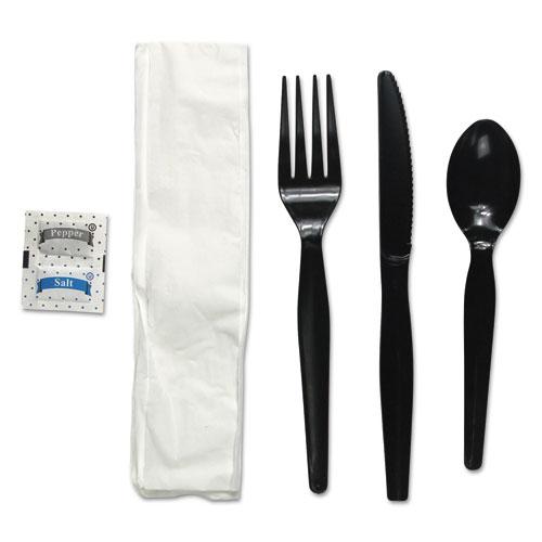 ESBWKFKTNSHWPSBLA - 6-Pc. Cutlery Kit, Condiment-fork-knife-napkin-spoon, Heavyweight, Black, 250-ct