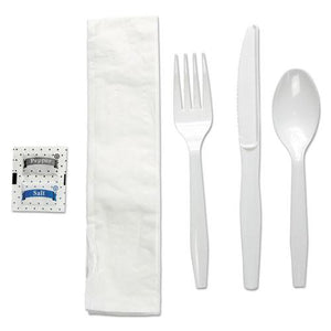 ESBWKFKTNSMWPSWH - Six-Piece Cutlery Kit, Condiment-fork-knife-napkin-teaspoon, White, 250-carton