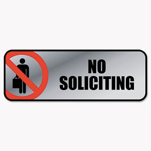 ESCOS098208 - Brushed Metal Office Sign, No Soliciting, 9 X 3, Silver-red