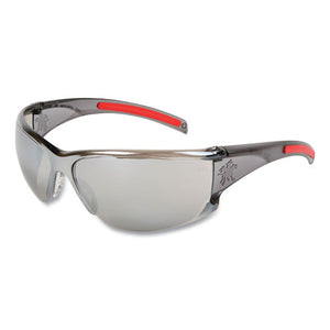 Hk1 Series Safety Glasses, Wraparound, Scratch-resistant, Silver Mirror Lens, Smoke-red Frame