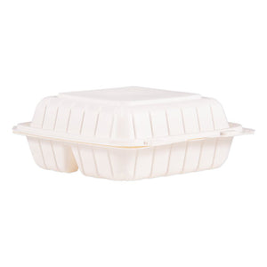Hinged Lid Three Compartment Containers, 8.3" X 8" X 3", White, 150-carton